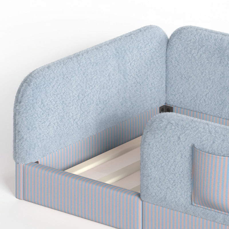 Twin Size Kid's Upholstered Floor Bed Frame, Montessori-Style Low Profile Platform Bed with Safety Guardrail & Storage Pockets