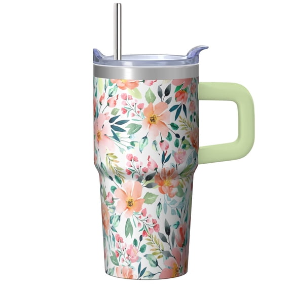 Floral Themed 20oz Tumbler for Women, Stainless Steel Insulated Travel Mug with Handle and Straw, Leak-Proof Lid, Birthday or Christmas Present