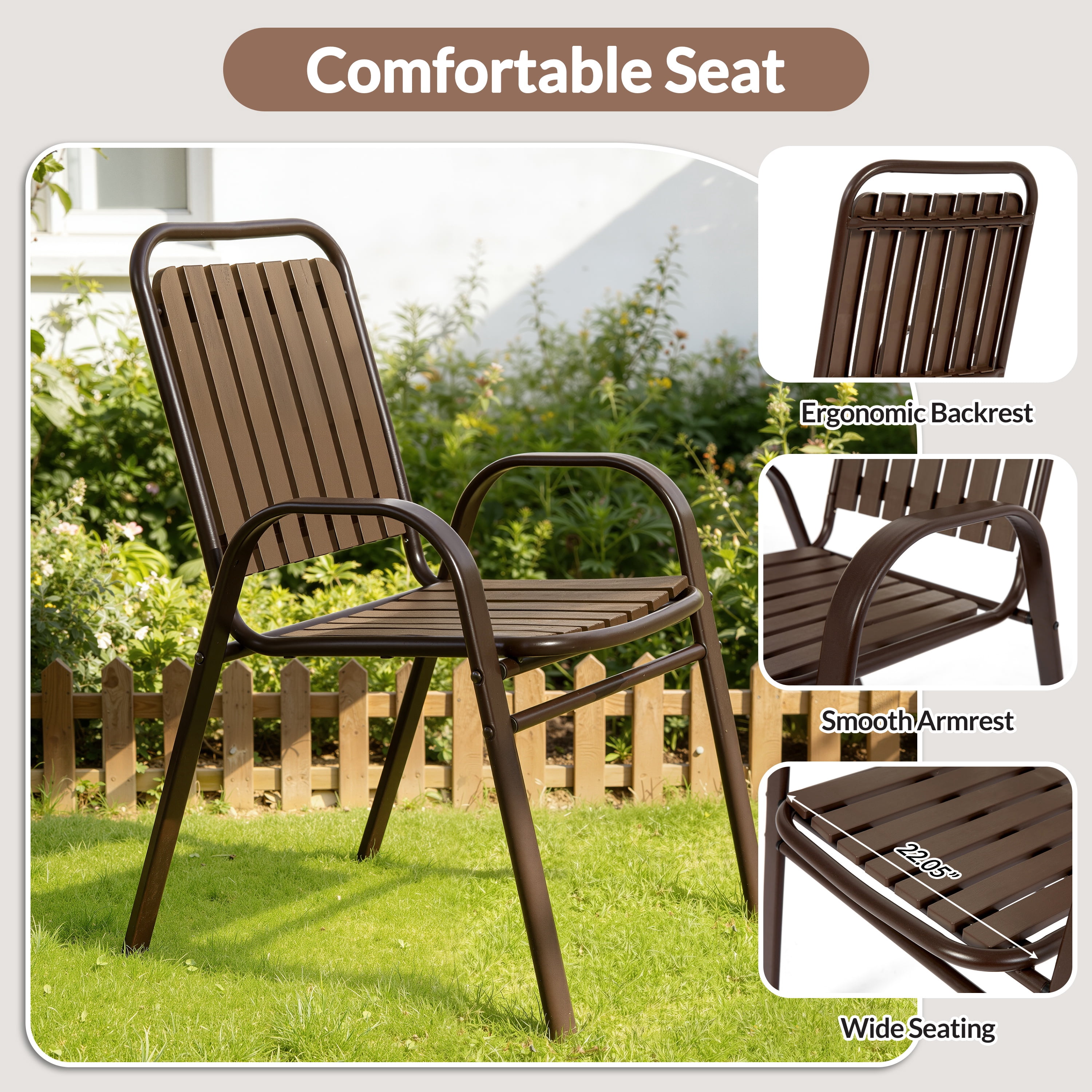 5 Piece Outdoor Dining Set, Patio Furniture Set with 4 Armrest Chairs and Steel Slat Table, All-Weather Conversation Set for Patio, Backyard, Deck, Poolside - Brown
