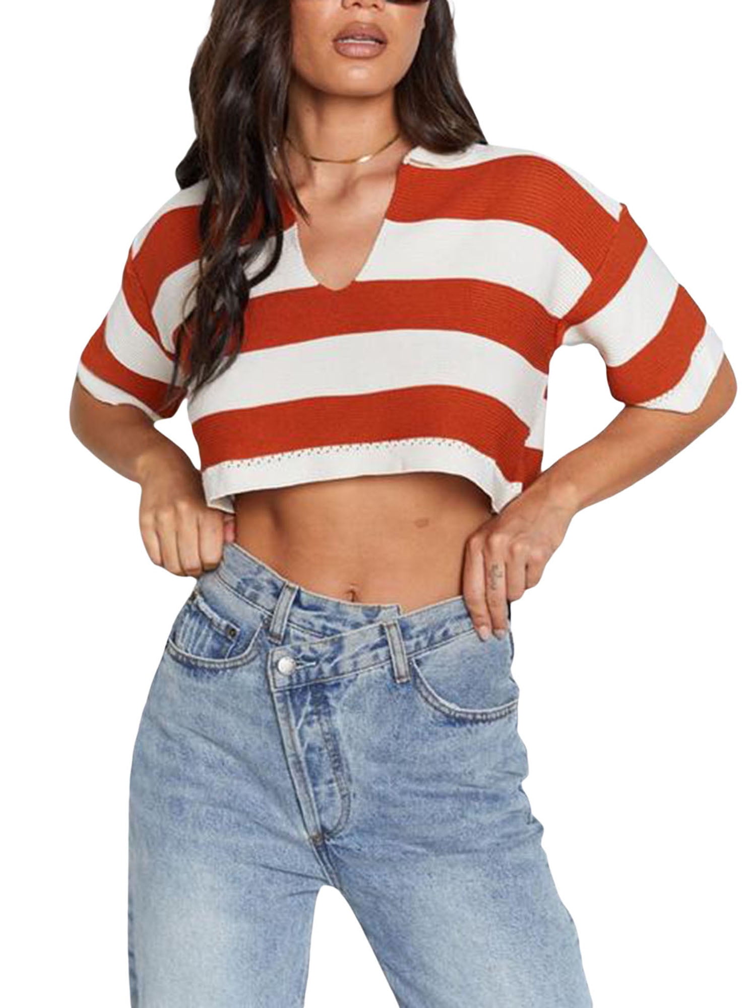 Loose Crop Top Summer Striped Print 