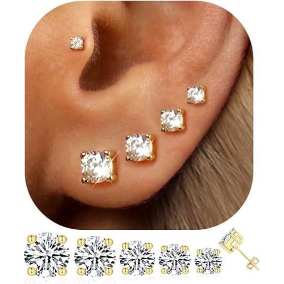 5 Pairs 14K Gold Plated Stud Earrings for Women, Hypoallergenic Earring Sets for Multiple Piercing, Premium Cubic Zirconia Studs Earrings for Women