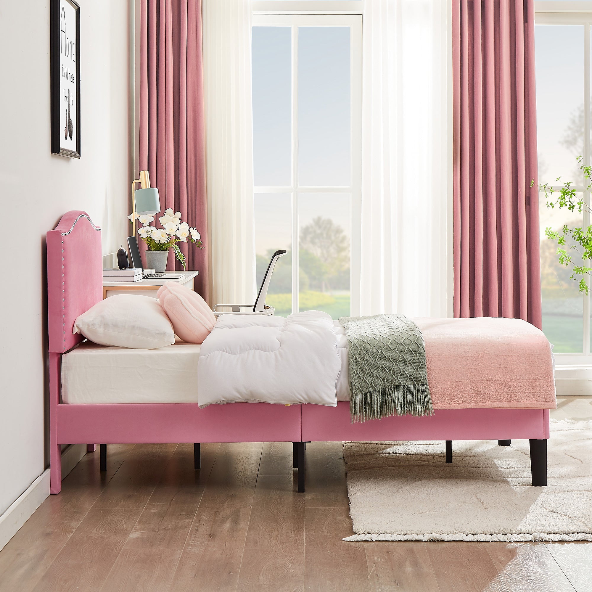 VECELO Twin Bed Frame, Nailhead Trim Upholstered Platform Bed with Adjustable Headboard, Wooden Slats Support/No Box Spring Needed, Pink