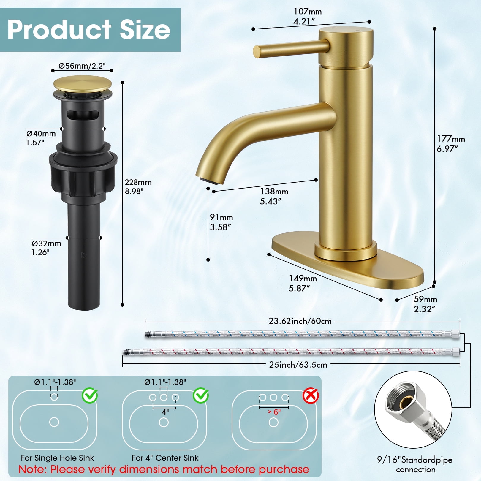 Wowkk Sanitary Ware Bathroom Faucets Stainless Steel Single Handle Bathroom Sink Faucet with Pop up Drain and PEX Encrypted Hose, Modern Bathroom Faucets for Sink 1 or 3 Holes, Brushed Gold