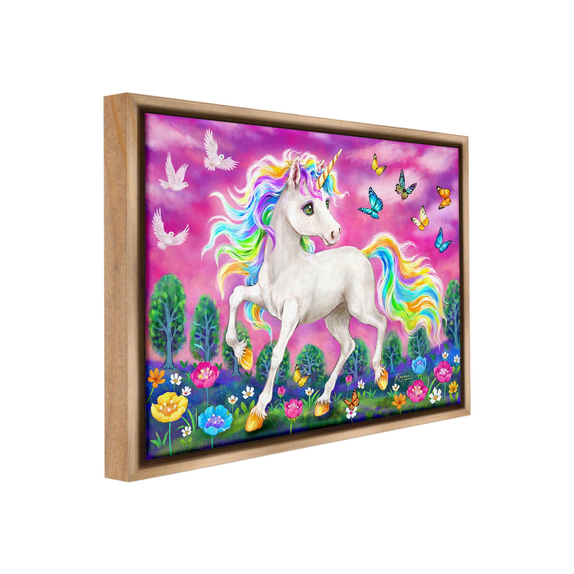 Stupell Industries Unicorn in Meadow Fairy Tales & Fantasy Painting Brown Floater Framed Canvas Art Print Wall Art, 21 x 17