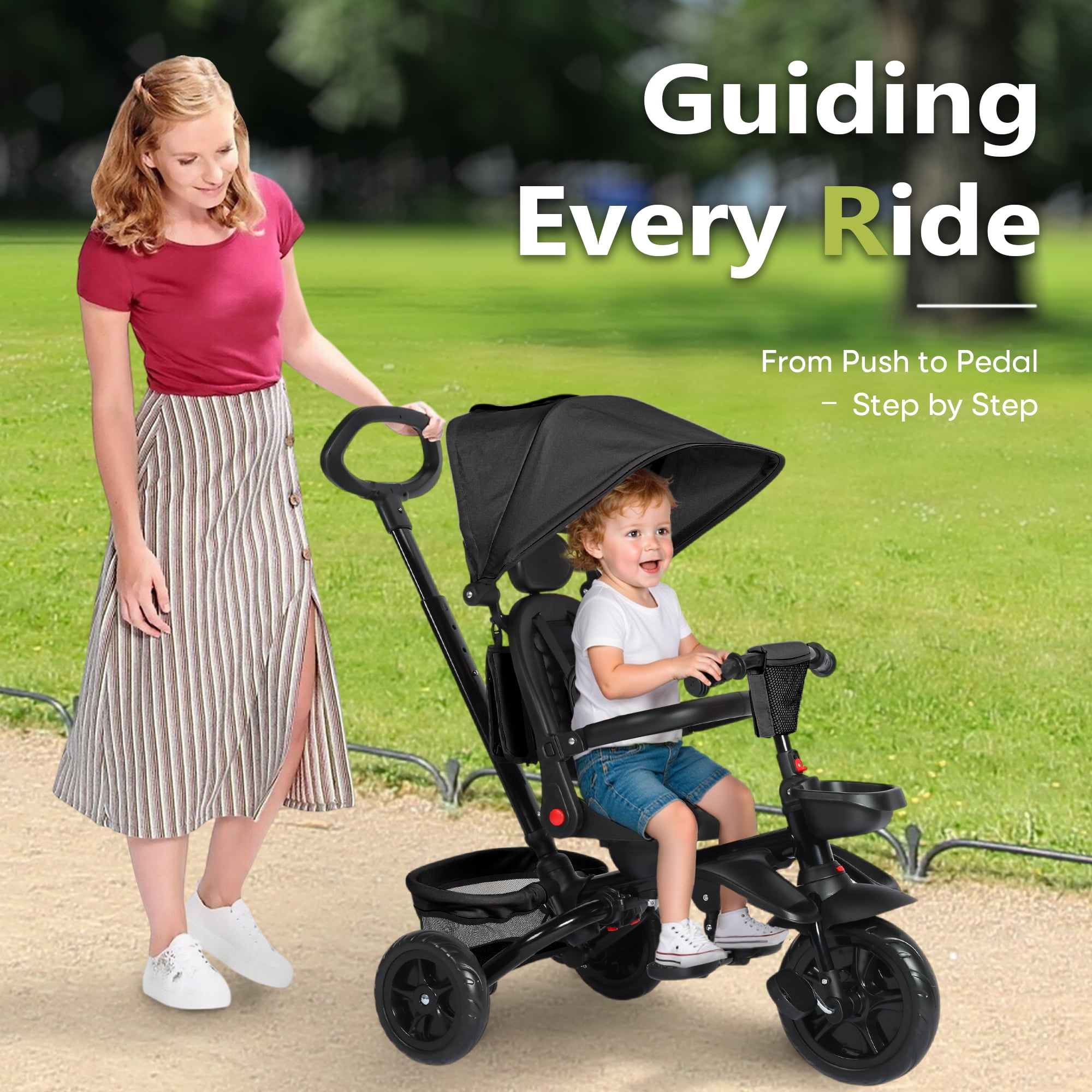AILEEKISS Foldable Kids Tricycle with Push Handle, 7-in-1 Ride Trike for Infant 1-5 Years, Black