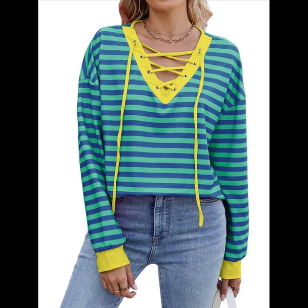 Sudadera Holgada Informal de Larga con Cuello Redondo y Bloques de Color para Mujer Verde L