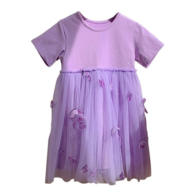 Robe Fille Été Jupe en Tulle Broderie Papillon Manches Courtes Robe Princesse Robes Tout-Petits Violet 2 Ans-3 Ans