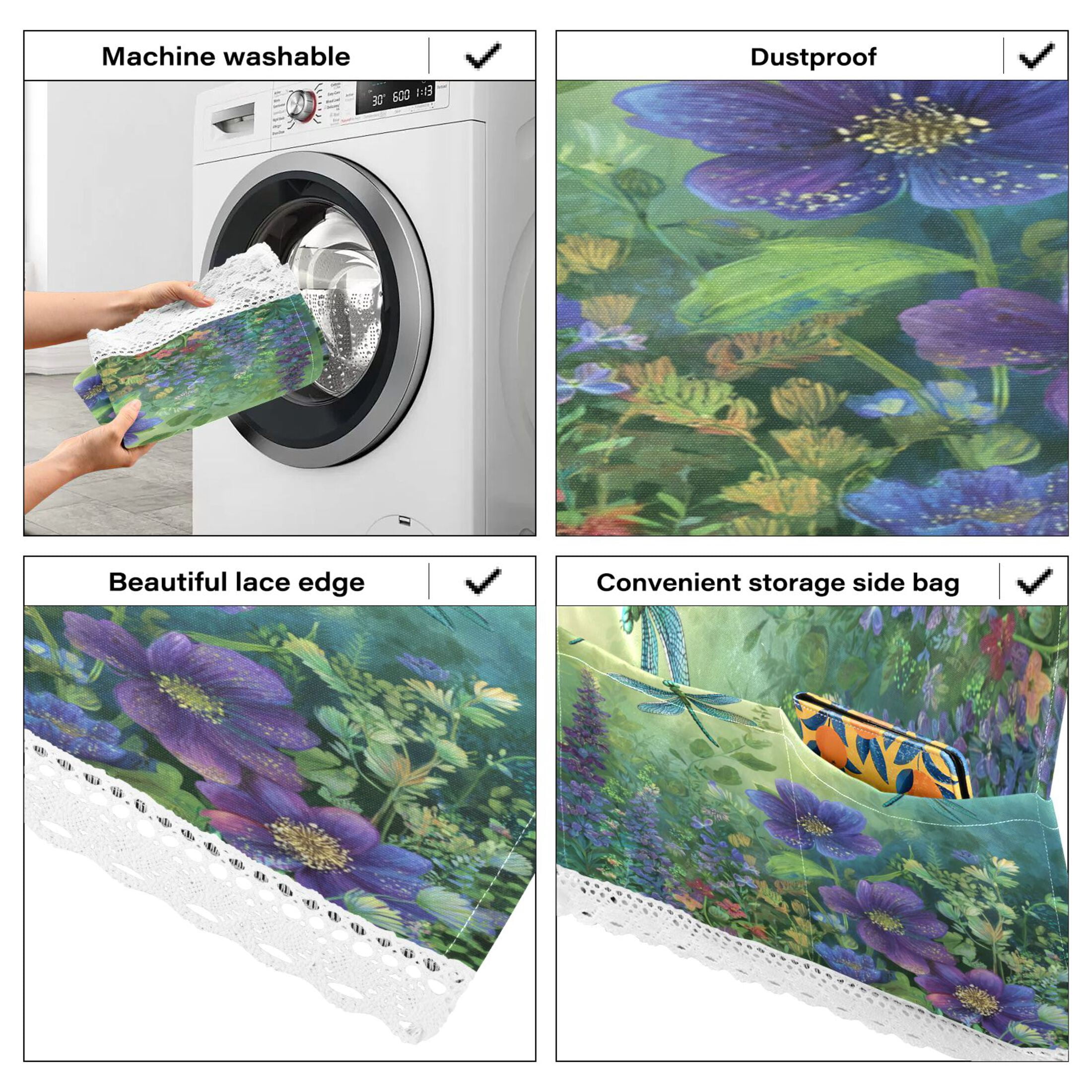 Wobogo Green Dragonfly Floral Washing Machine Cover Dustproof Washer Dryer Cover Waterproof Laundry Room Decorative Protector