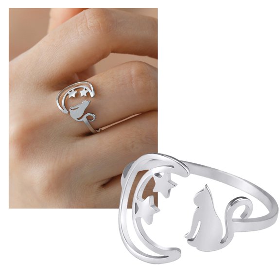 BNNG Personalized And Minimalist Women's Moon Star Cat Ring Stainless Steel Fashionable And Cute Animal Opening Ring Jewelry Gift Stackable Ring Eternity Bands Minimalist Jewelry Gift