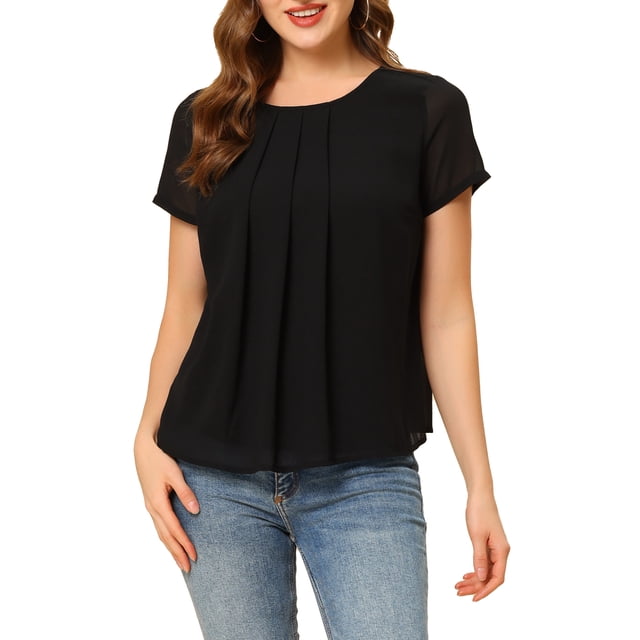 INSPIRE CHIC Blouse d'Été en Chiffon à Manches Courtes Plissée pour Femmes m Noir