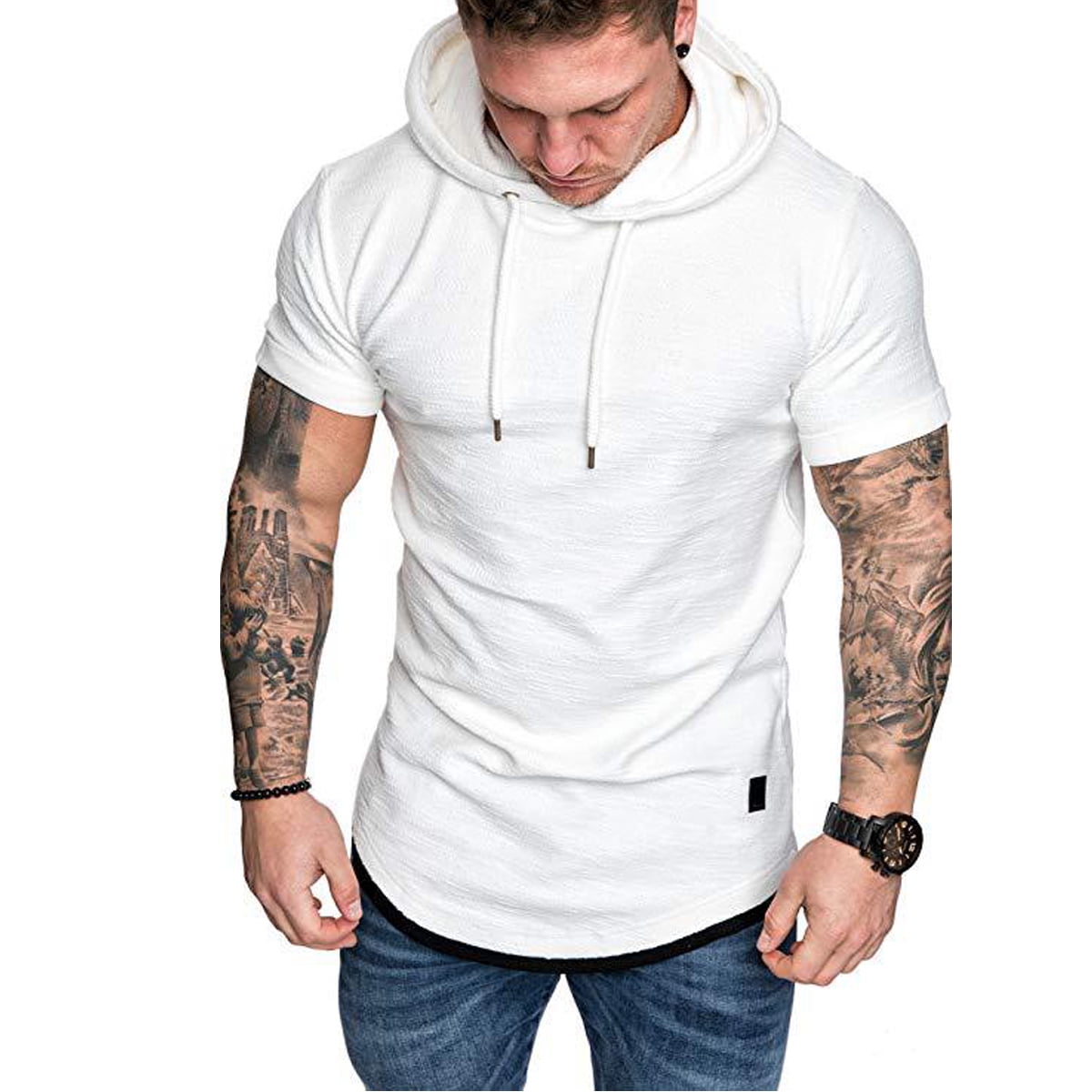 Summer Men Casual T Shirt Short Sleeve Hip Hop Hoodie Pullover Drawstring Shirts