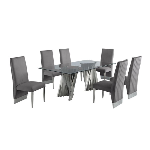 Clear Glass Dining Set with Table and 6 Gray Velvet Chairs