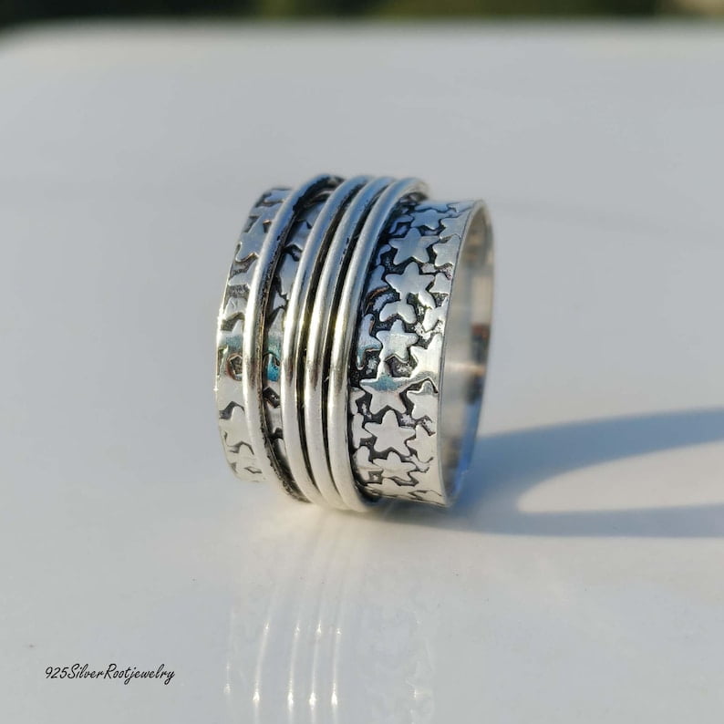 TRIDHA SILVER- Silver Spinner Ring - Celestial Star Anxiety Relief Band | 925 Sterling Silver Boho Wide Cosmic Jewelry Meditation Fidget Spinner