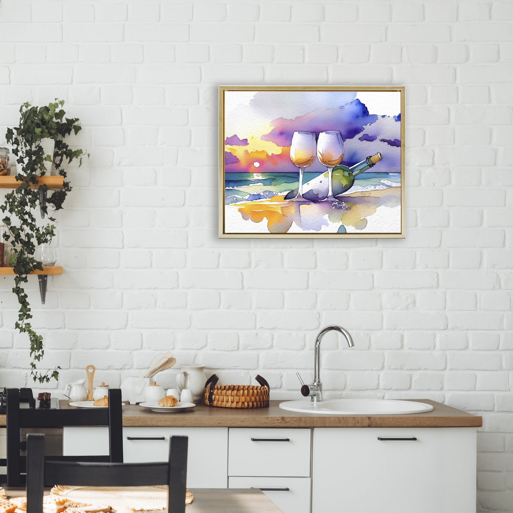 Stupell Industries Coastal Cheers with Wine Gold Framed Floater Canvas Wall Art, design by Shelly Craig