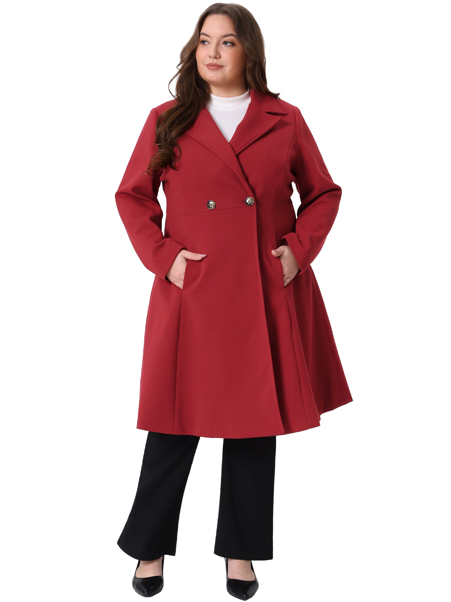 DARING DIVA Women's Plus Size Notch Lapel Double Breasted A Line Coat 4X Burgundy