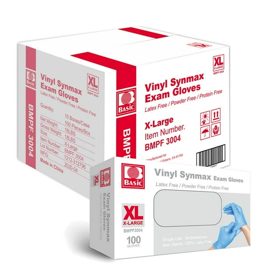 BASIC Medical Synmax Vinyl Exam Gloves - Latex-Free & Powder-Free - X-Large, BMPF-3004(Case of 1,000)