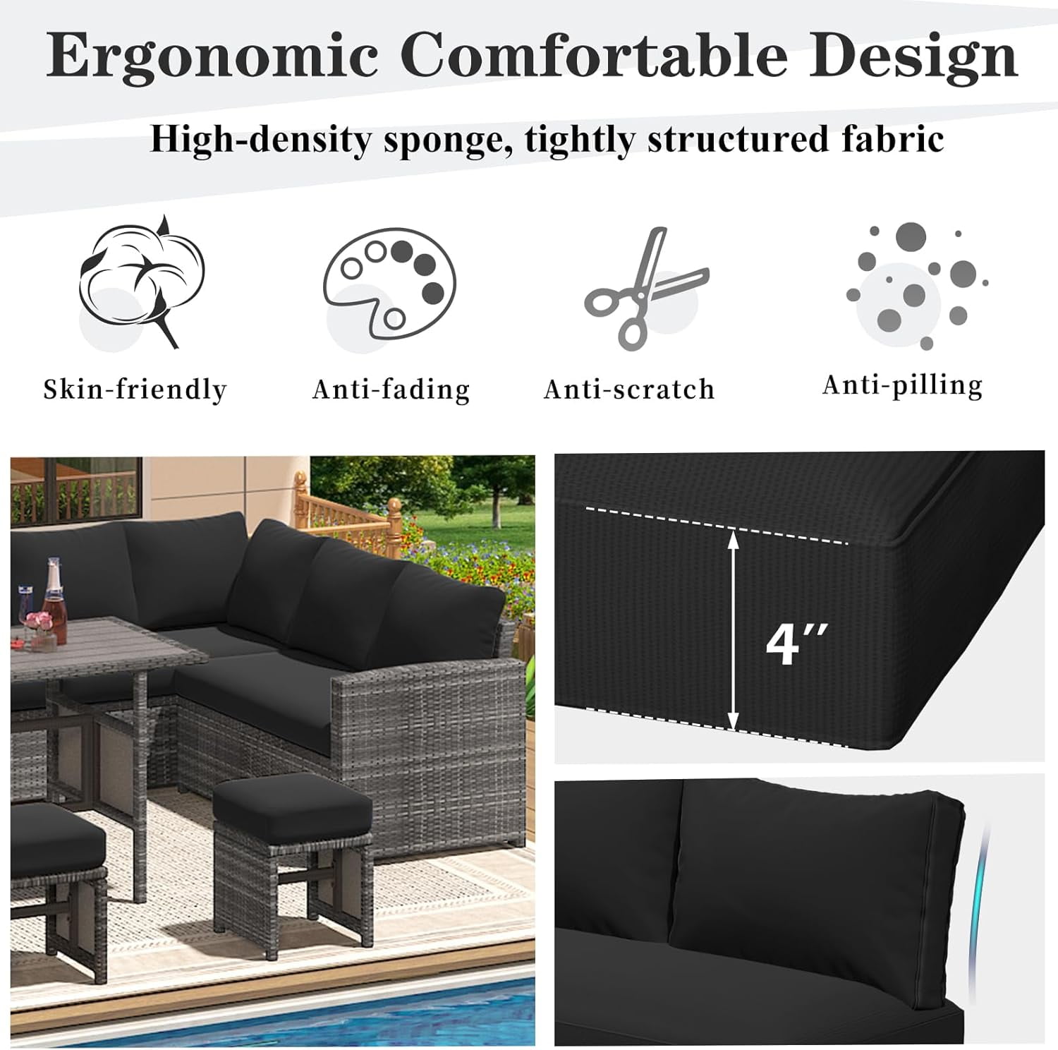 AECOJOY Outdoor Patio Furniture Cushions, 4-Inch Memory Foam Replacement Cushions for 7-Seat Sectional Wicker Conversation Set, Black