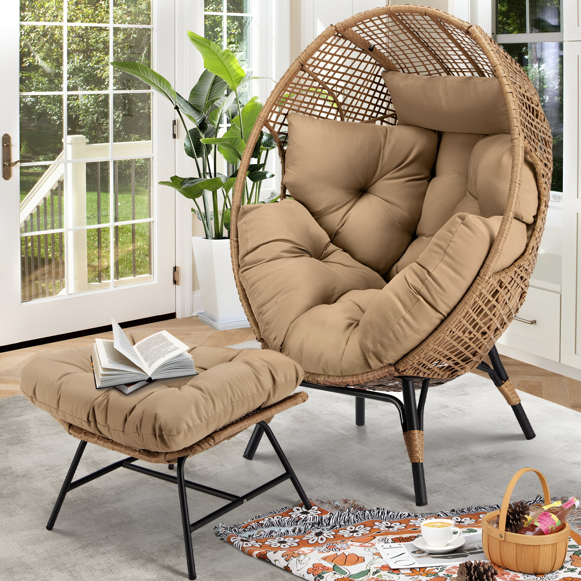NICESOUL Outdoor Wicker Egg Chair with Ottoman for Patio, Deck