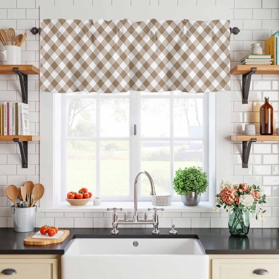 Curtain Valance for Windows Brown and White Plaid Short Rod Pocket Kitchen Valances Blackout Curtains Farm Lattice Window Treatment for Living Room Bathroom Bedroom,54"x18"