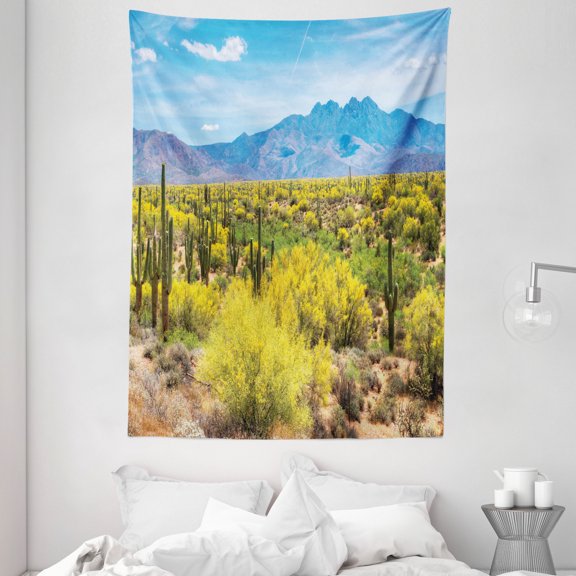 Cactus Decor Tapestry, Photo Image Landscape of Desert Field of Cactus Stones Spikes Leaves Artwork, Wall Hanging for Bedroom Living Room Dorm Decor, 60W X 80L Inches, Multicolor, by Ambesonne