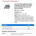 thumbnail image 2 of Left Driver Side Headlight Assembly - Compatible with 2005 - 2011 Toyota Tacoma (Excludes 2009 Sport Pre-Runner, X-Runner) 2006 2007 2008 2010, 2 of 2