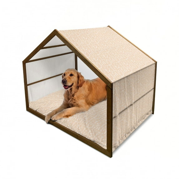 Peach and White Pet House, Pattern with Silhouette Antique Keys with Various Form Ornaments, Outdoor & Indoor Portable Dog Kennel with Pillow and Cover, 5 Sizes, Pale Peach and White, by Ambesonne