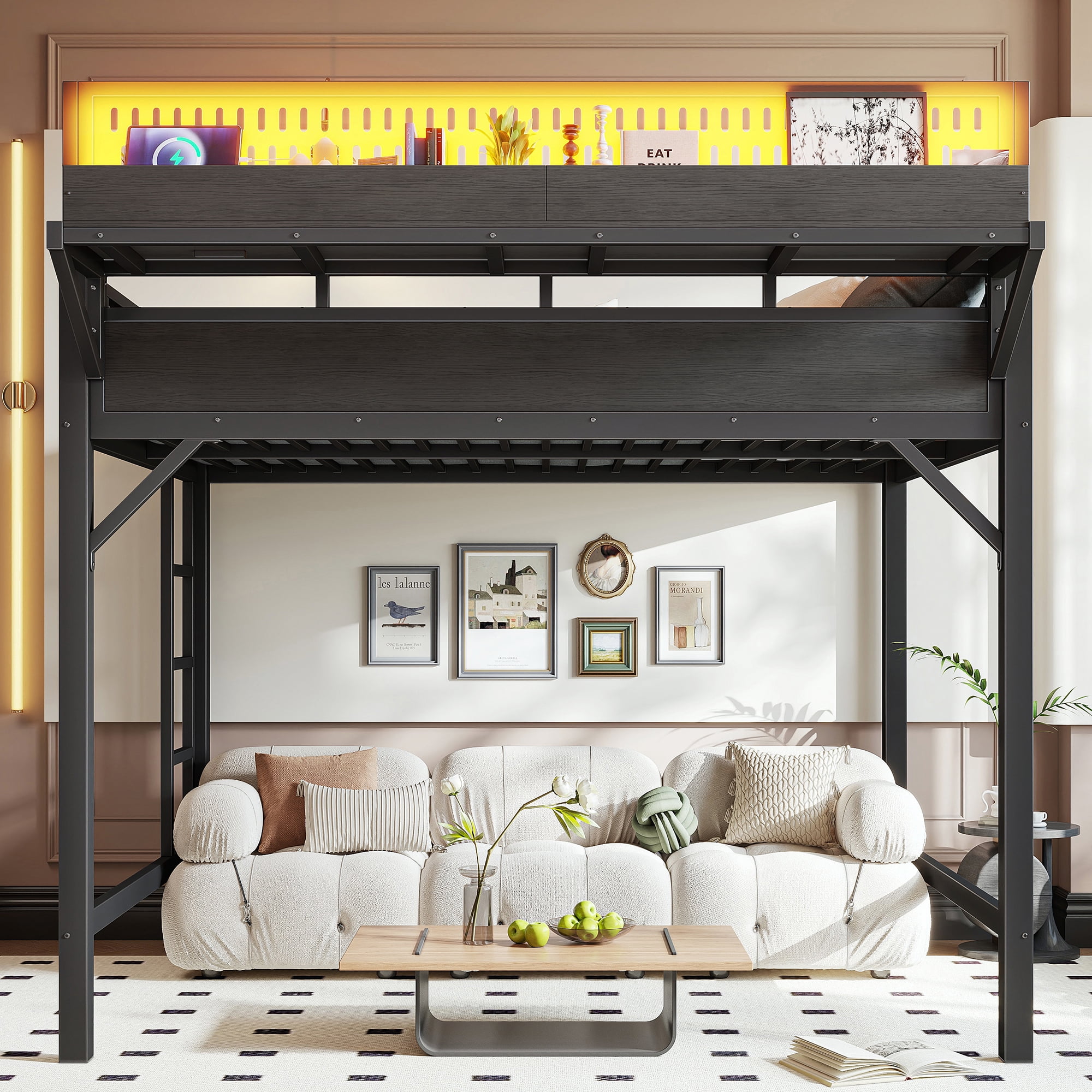 Leumius Full Size Loft Bed with Storage Shelves and Pegboard,Metal Loft Bed Frame with USB Ports and LED Lights,Black