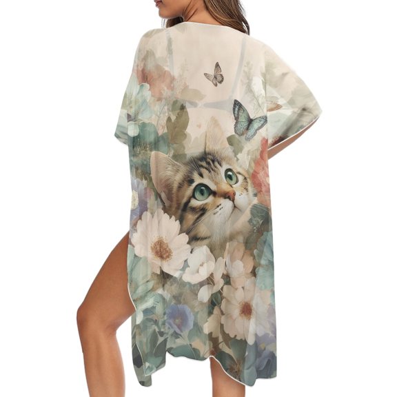 SCRAWLGOD Cat Floral Butterfly Print Swimsuit Cover Up for Women Long Loose Swimsuit Coverup Soft Breathable Beach Cover Up for Summer