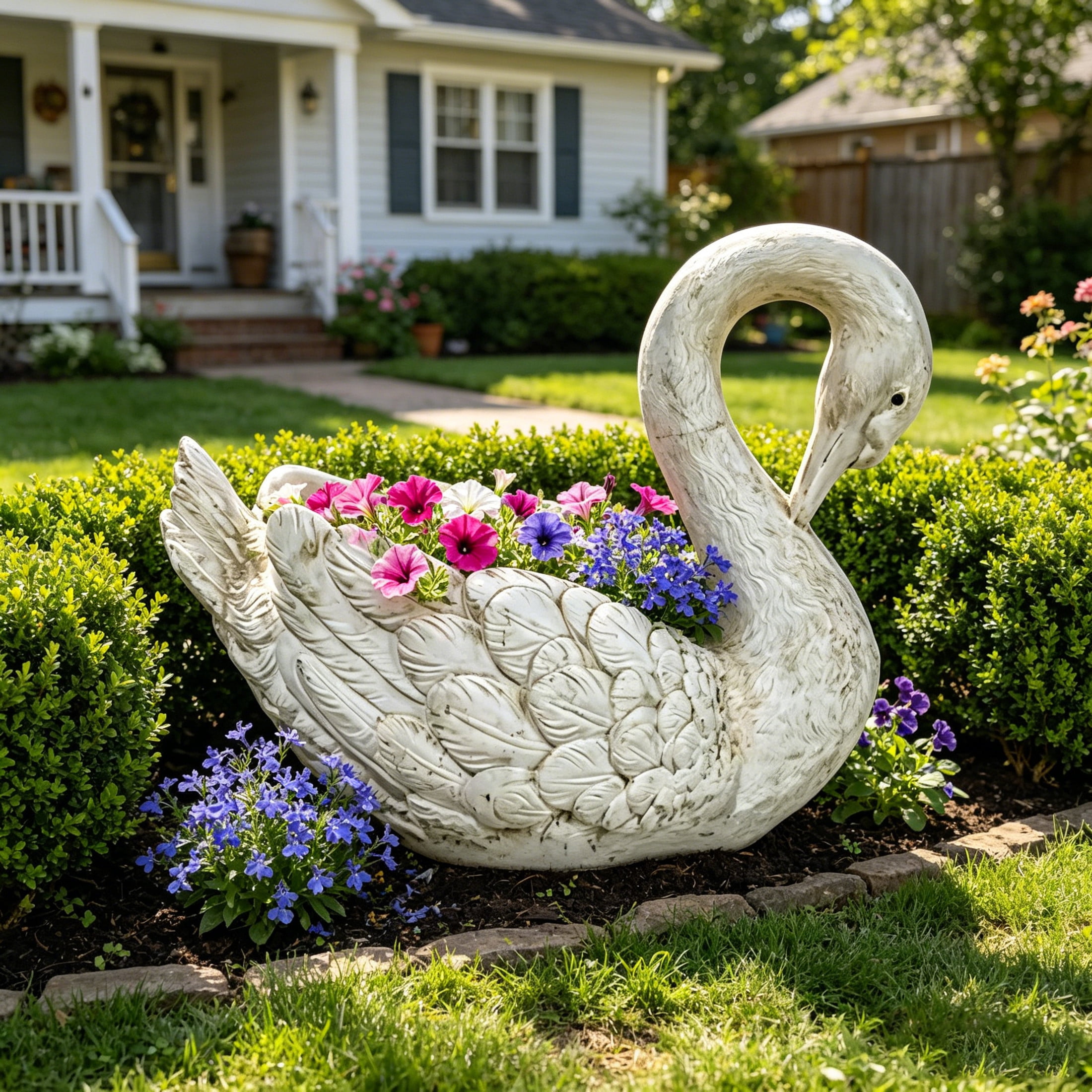 GDF Studio White Swan Statue Planter, Weather-Resistant Resin Garden Flower Pot Sculpture for Pond Patio Lawn Backyard