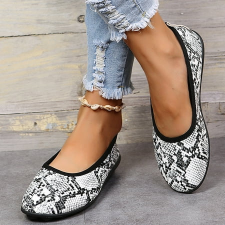 

TANGON Women S Shoes Round Toe Retro Fashion Snake Print Easy To Put On and Take off Lazy Casual Shoes White 8.5(42)