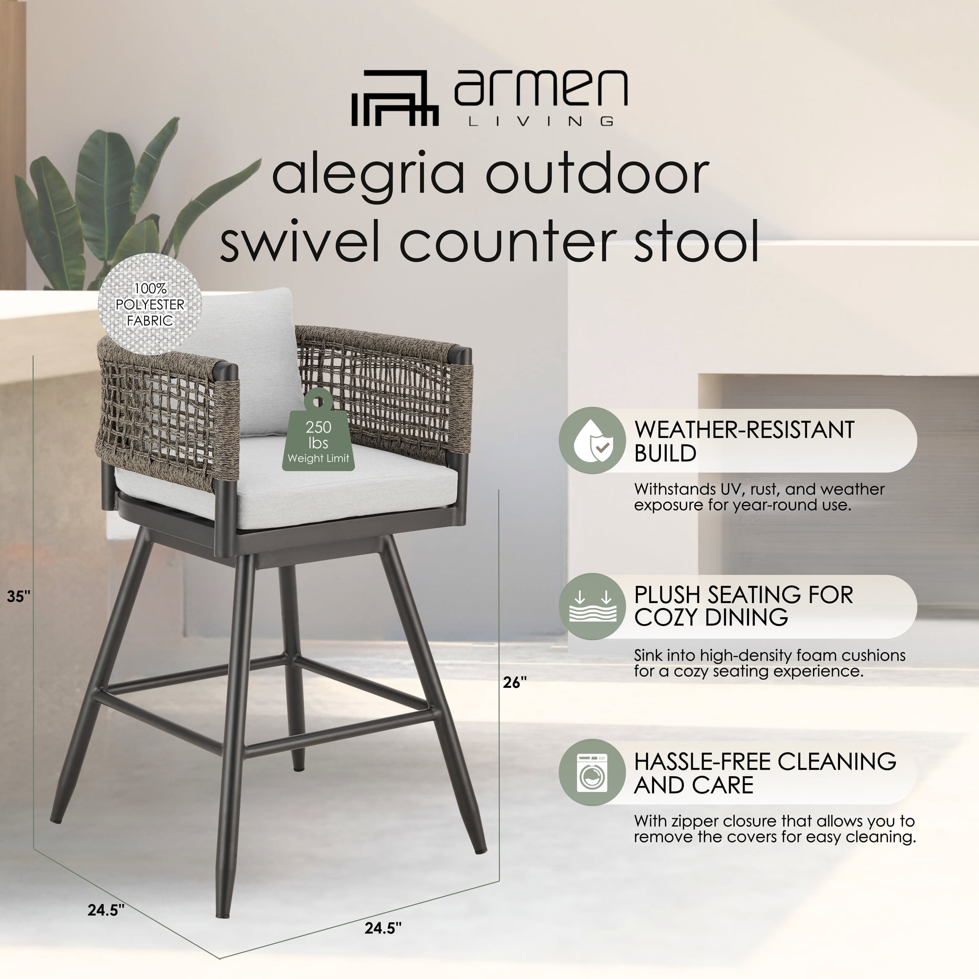 Alegria Outdoor Patio Swivel Counter Stool in Aluminum with Gray Rope and Light Gray Cushions - Set of 2