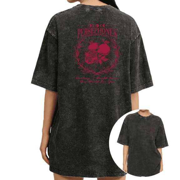 Women's Vintage "Persephone's Pomegranates" Greek Mythology Graphic Washed T Shirt Myth Lover Black S-2XL Plus Size