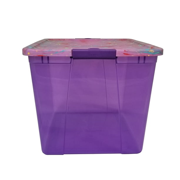 Homz 64 Quart Latching Container Tie, Purple Storage Bin With Wheels
