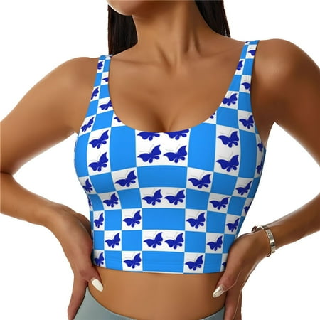 Sports Bras for Women High Support  butterfly blue chessboard checkered Workout Tank Tops Woman  Yoga Bra with Removable Cups