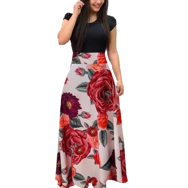 Tralilbee Robe Longue Imprimée pour Femme Pièce Florale Col Rond Banquet Mode Élégante Robe Moulante Moderne Aguichant Grande Taille