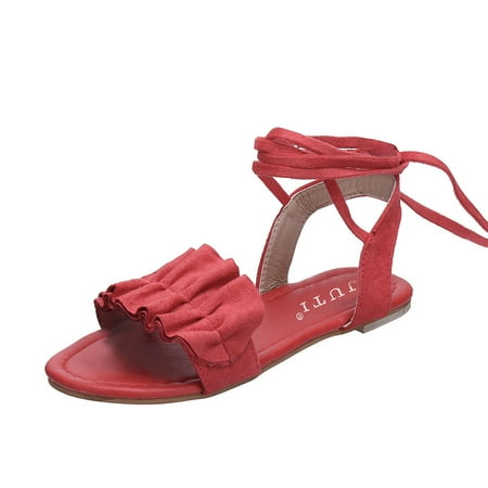 

HGWXX7 Sandals For Women Summer Women Solid Color Ruffles Round Toe Flat Heel Cross Tied Sandals Rome Shoes RD Stylish Shoes