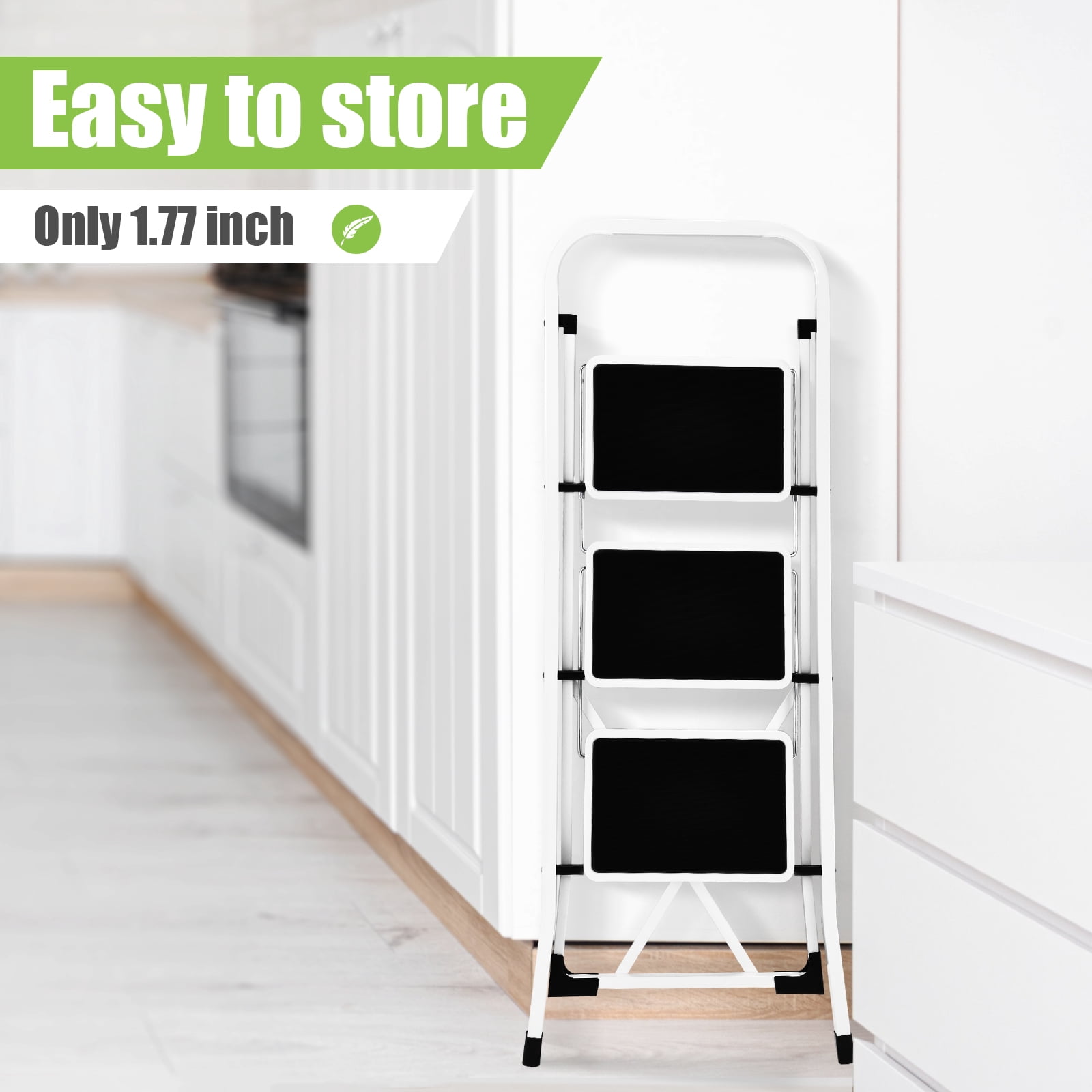 HBTower 3 Step Ladder, Lightweight Folding Step Stools for Adults with Anti-Slip Pedal, Portable Sturdy Steel Ladder with Handrails, Perfect for Kitchen & Household, 330 lbs Capacity, White