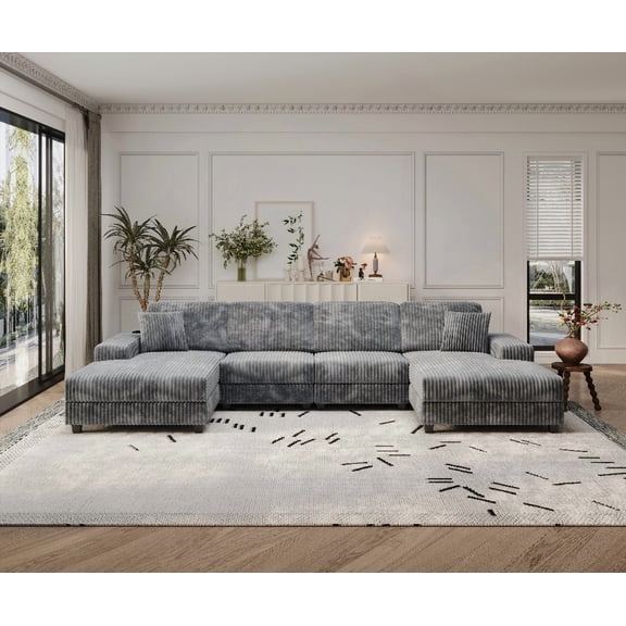 Modern Corduroy U-shaped 4-Seat Sofa for Living Room - Dark Grey