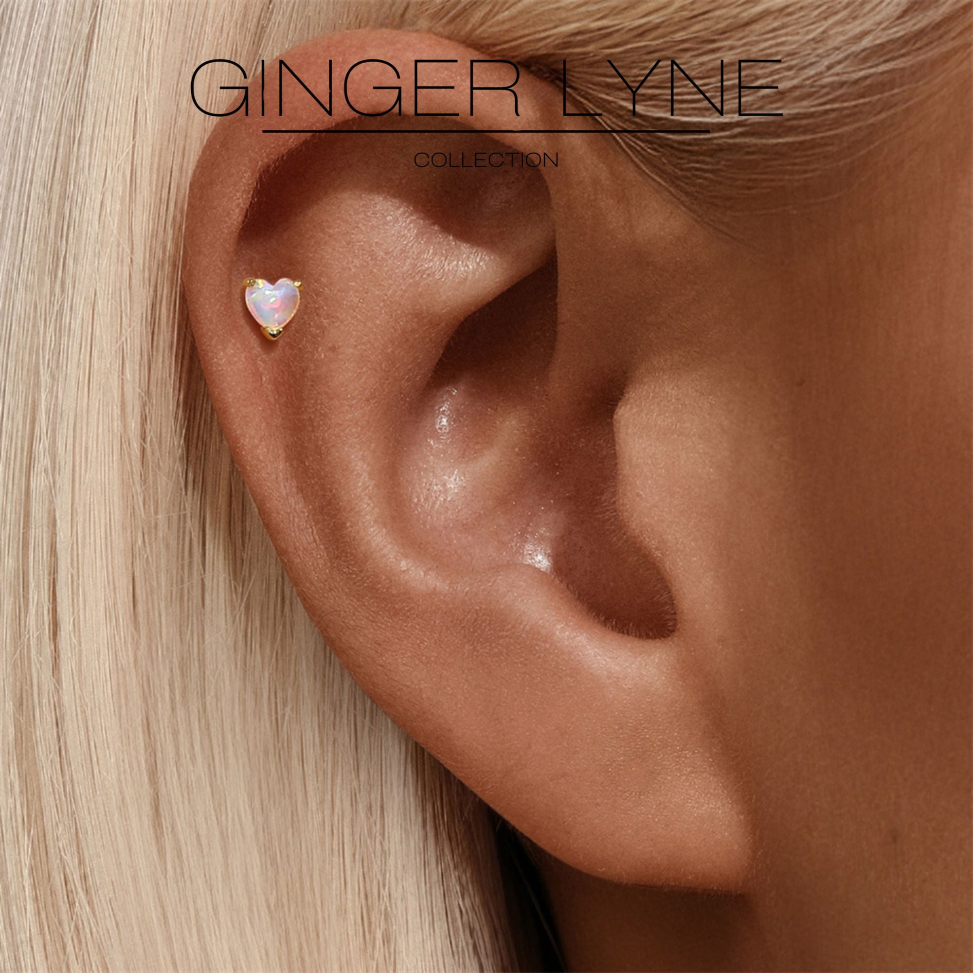Heart Flat Back Opal Earrings for Cartilage Helix Tragus Lobe16g Gold over Sterling Silver Studs Pair by Ginger Lyne