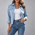 thumbnail image 4 of CYMMPU Women’s Flap Pocket Denim Jacket, Lapel Collar Long Sleeve Button Down Jean Coat with Multiple Pockets Loose Fit Outerwear Light Blue XXL, 4 of 7