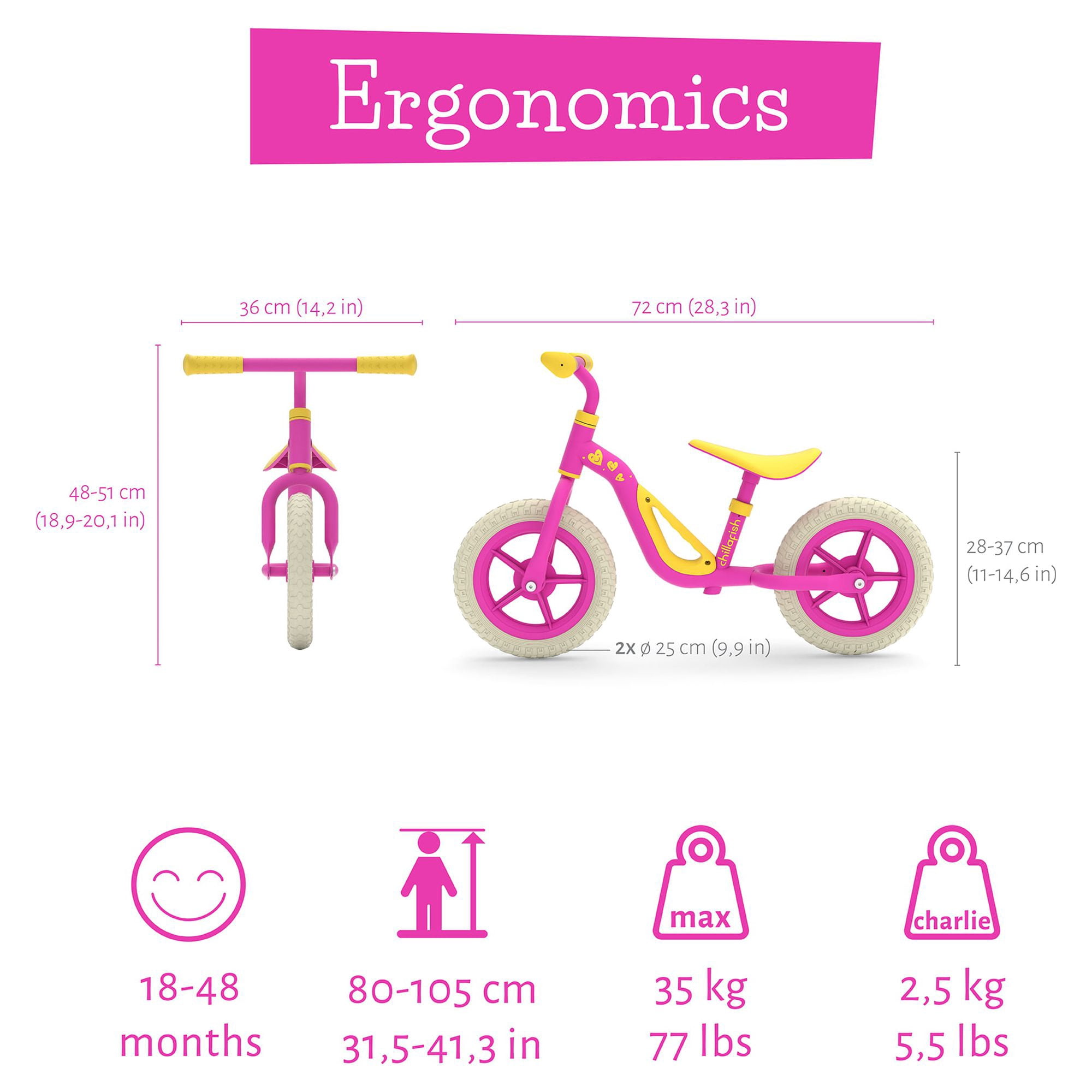 Chillafish Charlie lightweight toddler balance bike with carry handle, adjustable seat and handlebar, puncture-proof 10-inch wheels, for kids 18-48 months, pink