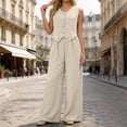 thumbnail image 2 of Women's 2 Piece Outfits Linen Vest Waist-coat Dressy linen sets for women 2 piece Casual Sets Wide Leg Pants Suits (Beige,L), 2 of 6