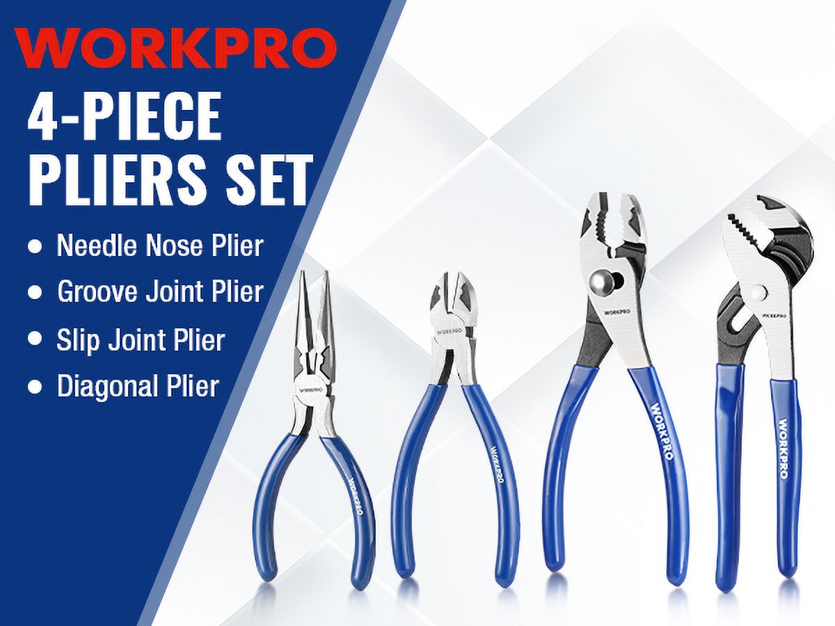 WORKPRO Kit de 4 alicates con mango suave incluye alicate de punta de 6", alicate diagonal de 6", alicate de presión de 8", alicate de ranura de 8", para reparaciones del hogar, plomería, dispositivos electrónicos y manualidades 5