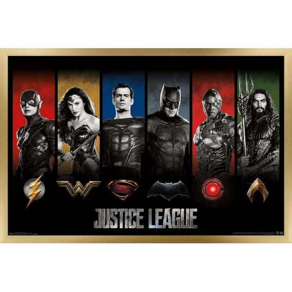 DC Comics Movie - Justice League - Heroes and Logos Wall Poster, 14.725" x 22.375", Framed