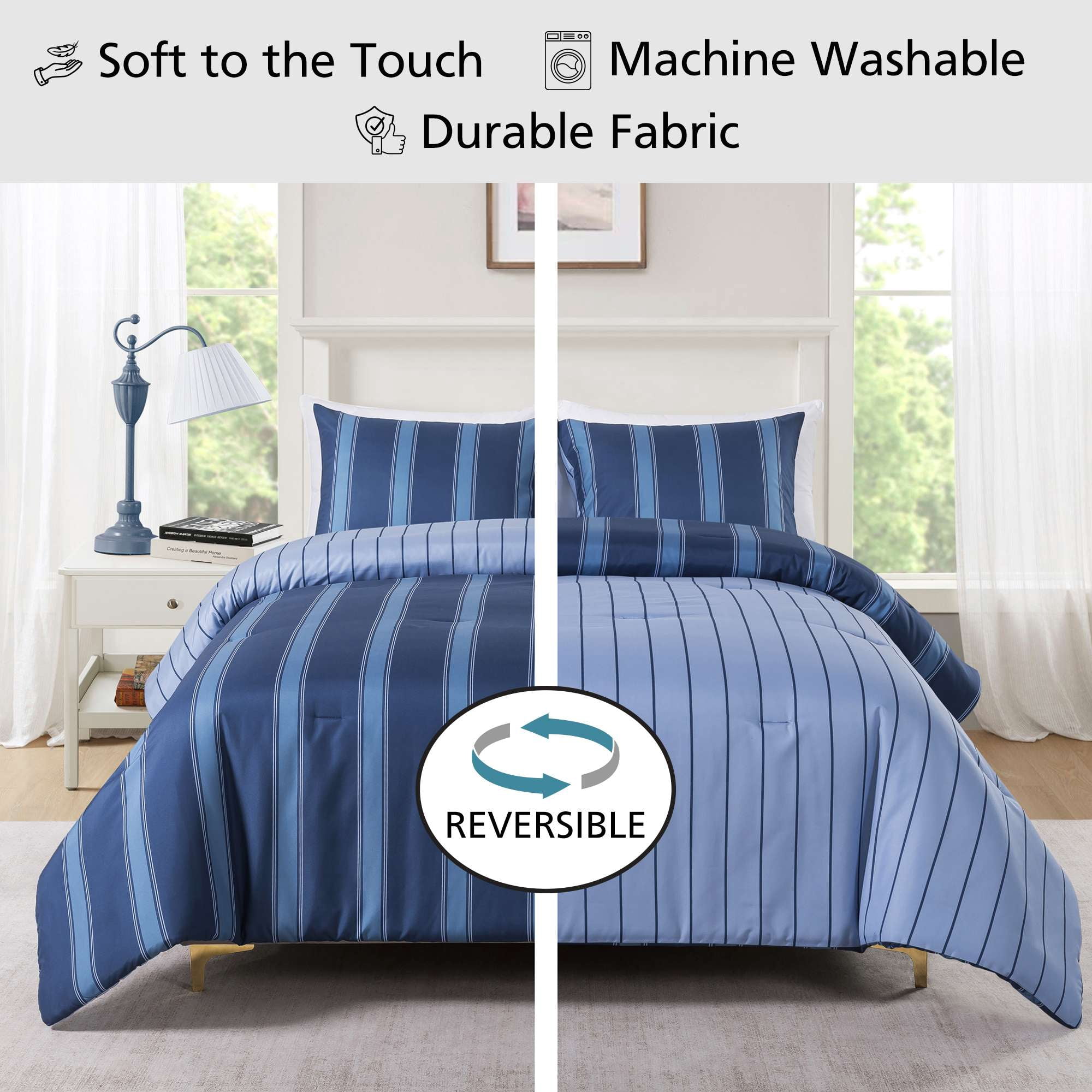 Mainstays King Comforter Set, 3-Piece, All-Season, Navy Blue Stripe