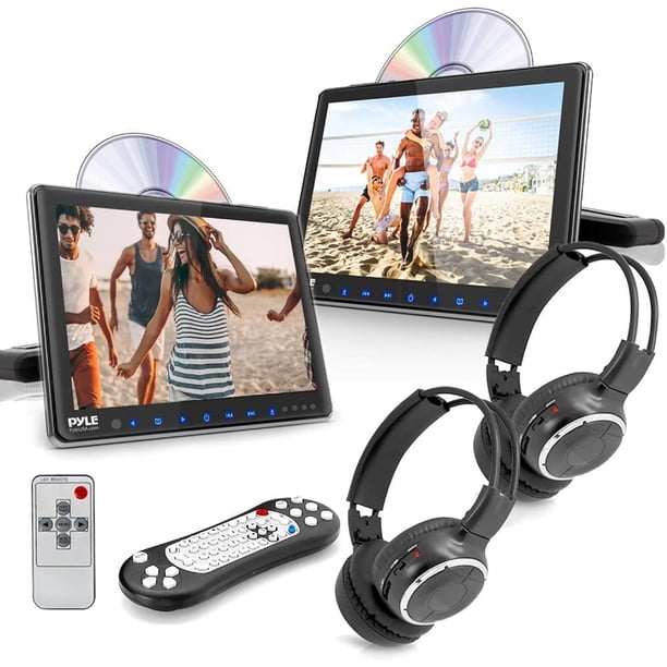 Pyle Monitor universal para reposacabezas doble para coche - Reproductor multimedia de CD DVD para vehículo de 9,4 pulgadas con auriculares inalámbricos - Entretenimiento de audio y vídeo con HDMI, pa