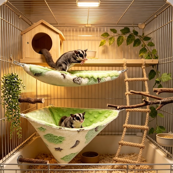 Warm Small Pet Hanging Nest, Cozy Winter Sleeping Cave for Parakeets, Hamsters, Squirrels and Hedgehogs, Indoor Cage Hideaway for Rest and Shelter, Green, 2-Piece