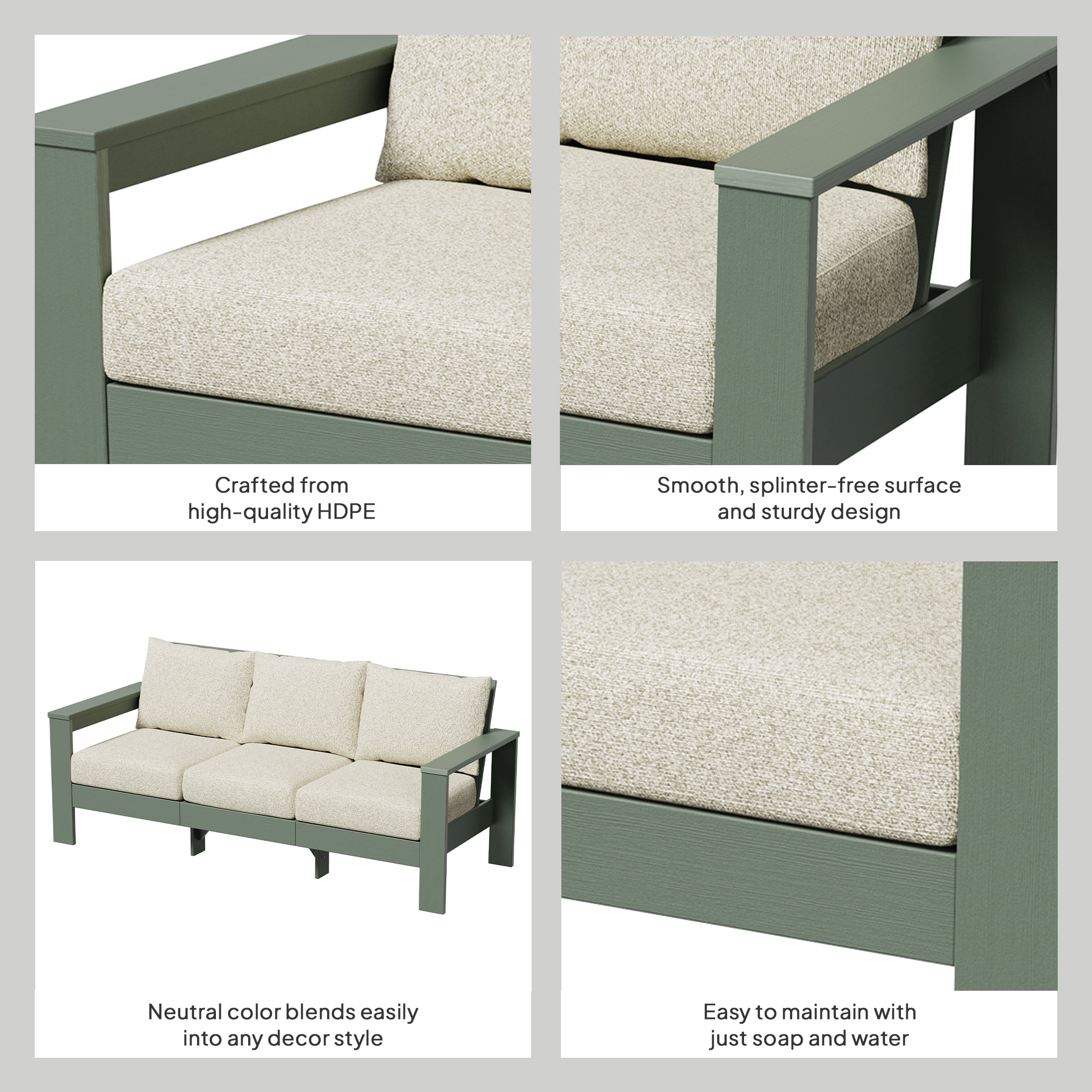 Better Homes & Gardens Ezra Outdoor HDPE Sofa, Green with Cream Boucle Cushions