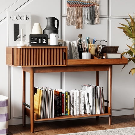 Console Table with Fluted Sliding Door, Mid Century Modern Entryway Table with Storage Shelf, Display Shelf for Hallway Living Room, Walnut