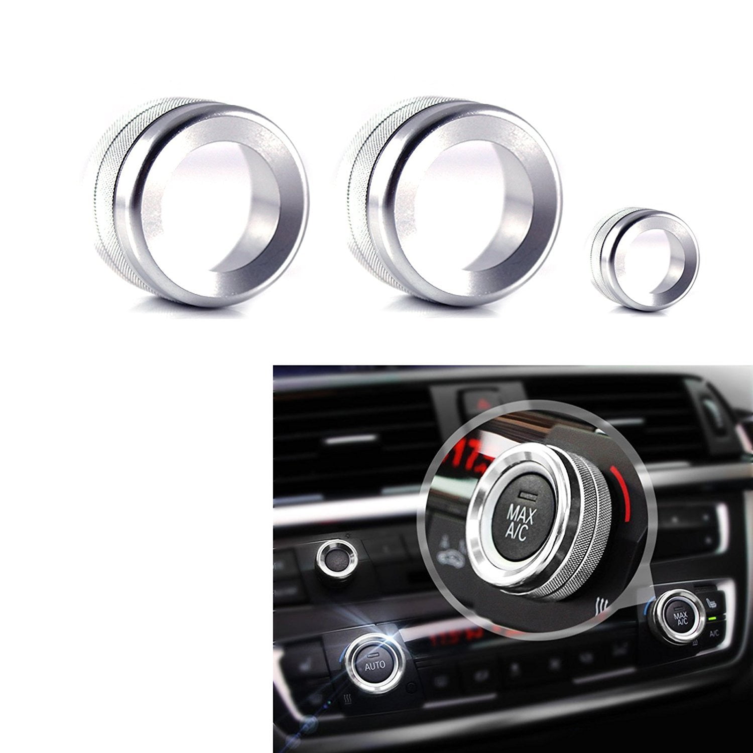Xotic Tech 3x AC Climate Control Radio Volume Knob Silver Ring Covers